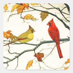 Sticker Carré Dessin japonais vintage, Cardinaux sur une branche