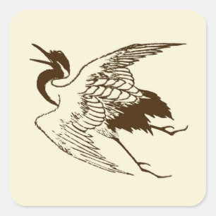 Sticker Carré Dessin japonais vintage d'une grue, Brown