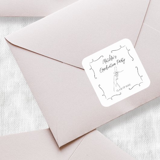 Sticker Carré Dessin main Doodle Black & White Graduation Party