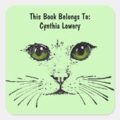 Sticker Carré Dessin noir Cat Face Gros yeux Vert clair (Devant)