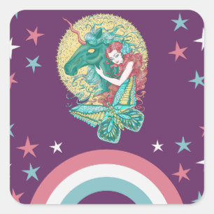 Sticker Carré Dessin Sweet Girl Et Unicorne