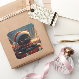 Sticker Carré Dessous de verre noir à rouleaux de chat Noël