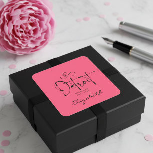 Sticker Carré Detroit Michigan Est 1701 "Your Name" Rose