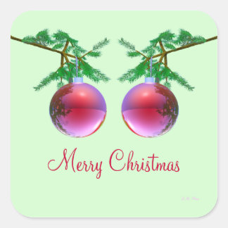 Sticker Carré Deux boules de Noël Joyeuses Rouges