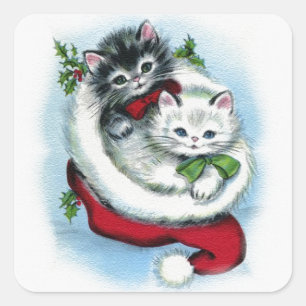 Sticker Carré deux chatons de Noël vintage