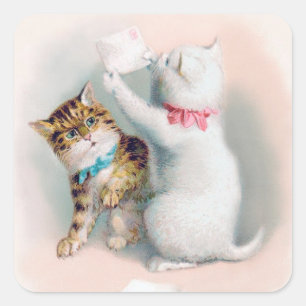 Sticker Carré Deux chatons mignons - Art Chat Anthropomorphique 