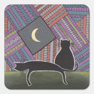 Sticker Carré deux chats noirs et une lune