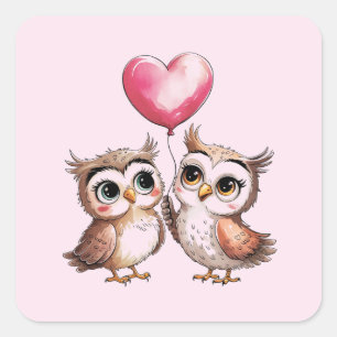 Sticker Carré Deux Chouettes adorables avec un ballon cardiaque