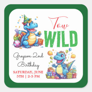 Sticker Carré Deux Dino Wild Party Boy Dinosaur 2e anniversaire
