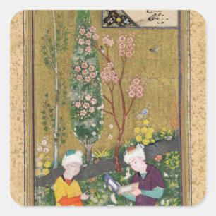 Sticker Carré Deux figures lisant et détendant dans un verger