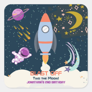 Sticker Carré Deux Garçon Lune Espace Fusée 2e Anniversaire