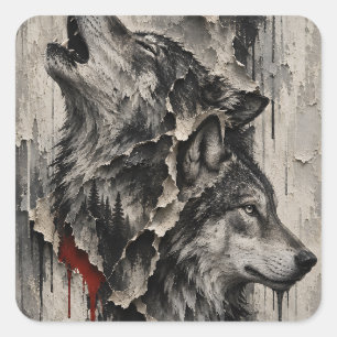 Sticker Carré Deux Loups, Un Cœur
