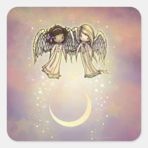 Sticker Carré Deux petits anges sur une nuit scintillante Art