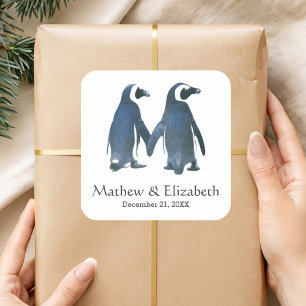 Sticker Carré Deux pingouins mignons Mariage romantique