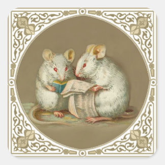 Sticker Carré Deux souris anthropomorphes blanches lisant