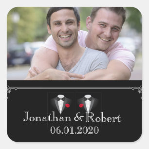 Sticker Carré Deux Tuxedos avec Mariage Gay Rose Rouge