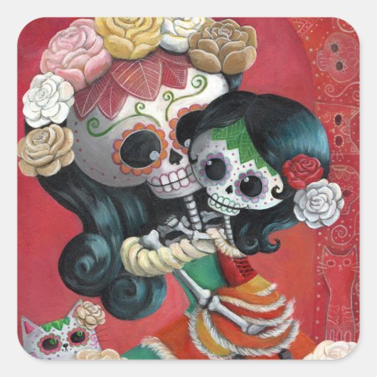 Sticker Carré Dia de Los Muertos Skeletons Mère et fille (Devant)