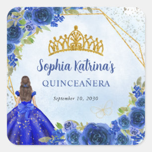 Sticker Carré Diadème de princesse florale pailleté or bleu mari