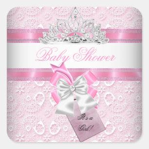 Sticker Carré Diadème de Princesse Rose pour Baby Shower Fille