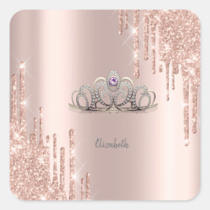 Sticker Carré Diadème Rose Doré aux Gouttes Brillantes Modernes