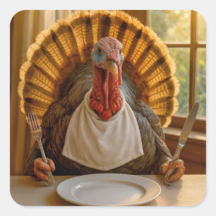 Sticker Carré Dinde de Thanksgiving avec couteau et fourchette