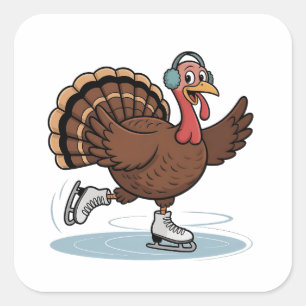 Sticker Carré Dindon de patinage sur glace de Thanksgiving