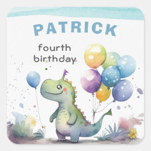 Sticker Carré Dino Party Watercolor Boy Blue Anniversaire