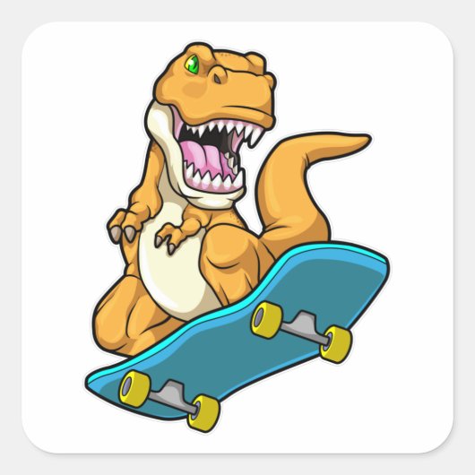 Sticker Carré Dinosaur comme Patineur avec Skateboard (Devant)