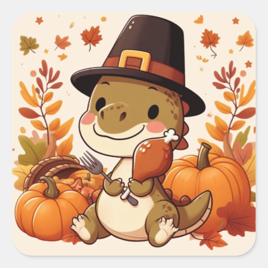 Sticker Carré Dinosaur de Thanksgiving mignon (Devant)