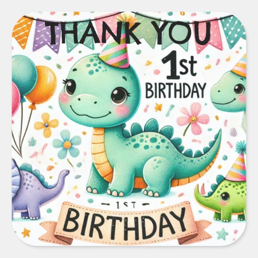 Sticker Carré Dinosaur Dino 1ère fête d'anniversaire (Devant)