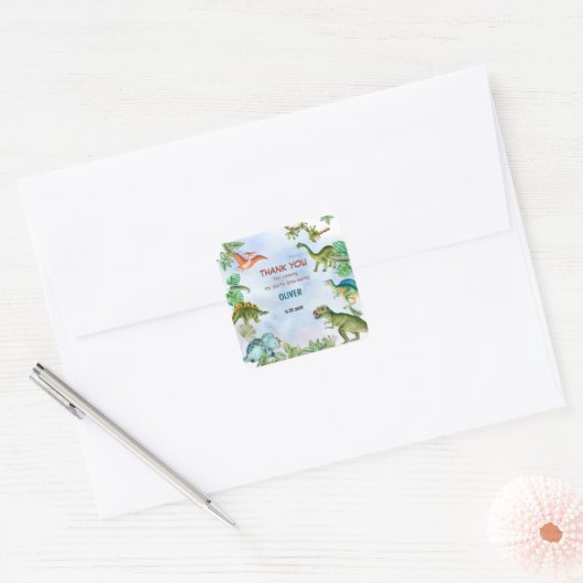 Sticker Carré Dinosaur Dino T-rex Merci cadeau d'anniversaire (Enveloppe)