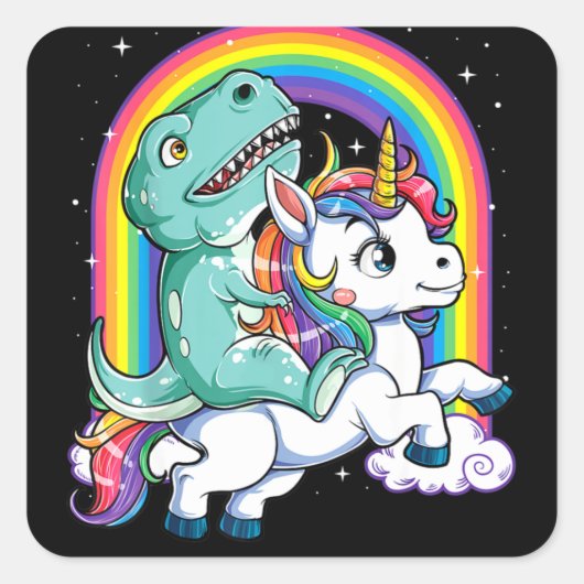 Sticker Carré Dinosaur Riding Unicorn Kids Rainbow (Devant)