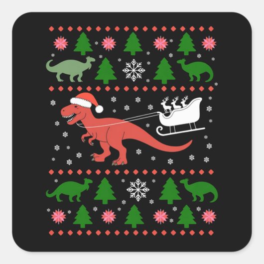 Sticker Carré Dinosaur Ugly Christmas Sweater Dino T-rex  (Devant)