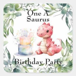 Sticker Carré Dinosaure Peint Rouge Un Saurus Fête d'Anniversair