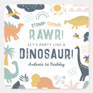 Sticker Carré Dinosaure Premier anniversaire Stomp Chomp Roar