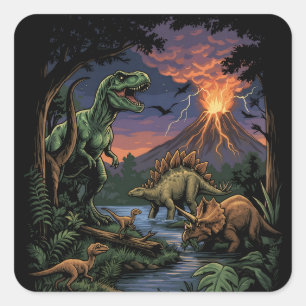 Sticker Carré Dinosaure Rex et Triceratops Jurassique Vintage