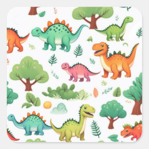 Sticker Carré Dinosaures et motif d'arbres blanc