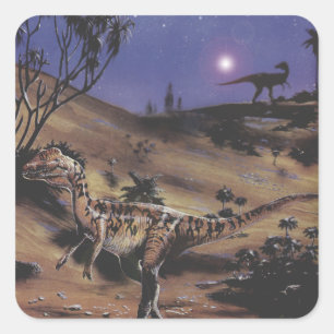 Sticker Carré Dinosaures Vintage, Dilophosaurus sur une Nuit Éto