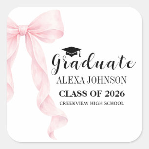 Sticker Carré Diplômé au chapeau de graduation avec un nœud rose