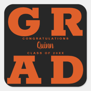Sticker Carré Diplômé Branché Orange sur Fond Noir pour la Remis