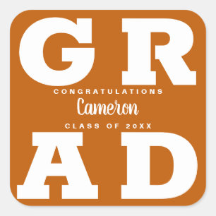 Sticker Carré Diplômé Moderne Blanc sur Orange Brûlé Diplômé