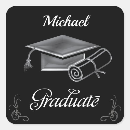 Sticker Carré Diplôme Noir & Argent, Casquette & Diplôme (Devant)