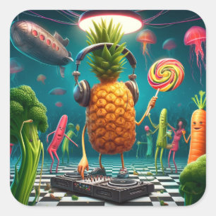 Sticker Carré DJ Pineappy Party dans une discothèque sous-marine