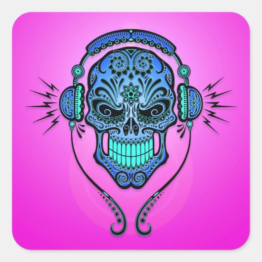 Sticker Carré DJ Sugar Skull - Bleu et violet (Devant)