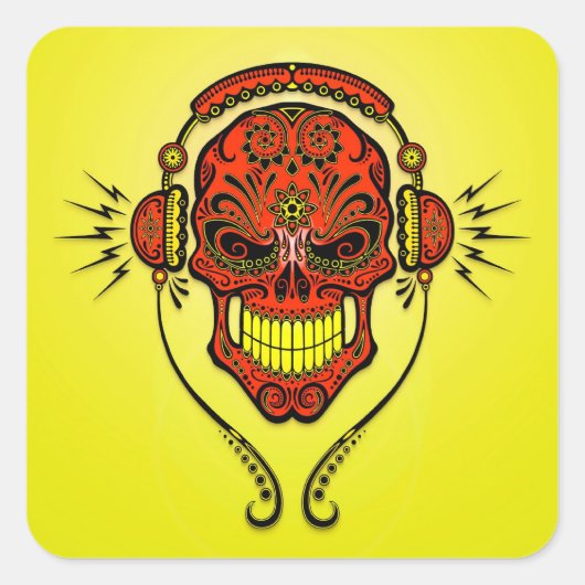 Sticker Carré DJ Sugar Skull - Rouge et Jaune (Devant)