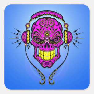 Sticker Carré DJ Sugar Skull - violet et jaune