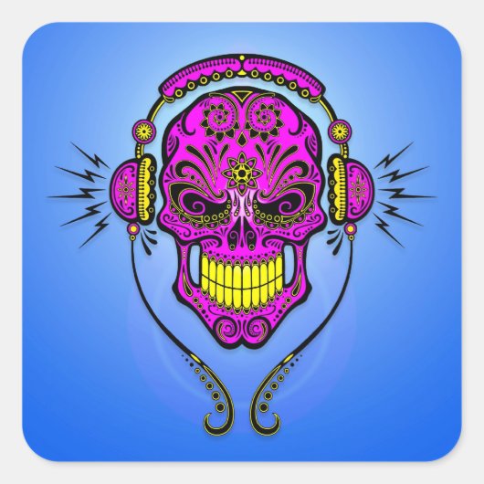 Sticker Carré DJ Sugar Skull - violet et jaune (Devant)