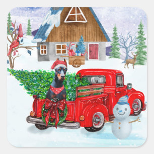 Sticker Carré Doberman Chien en Livraison Noël Camion Neige