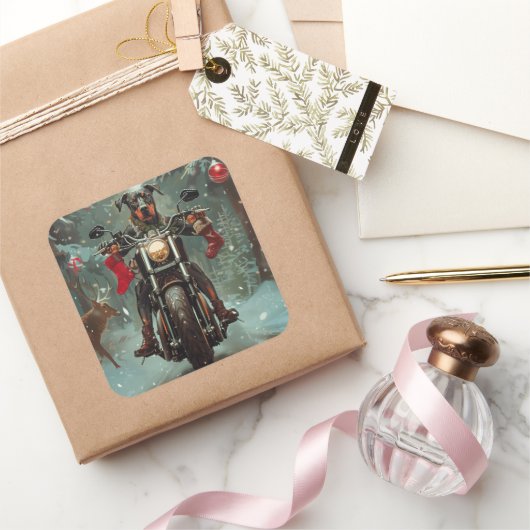 Sticker Carré Doberman Chien équitation Moto Noël (Cadeaux)