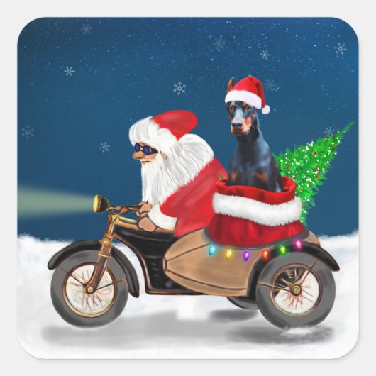 Sticker Carré Doberman Chien Noël Père Noël (Devant)